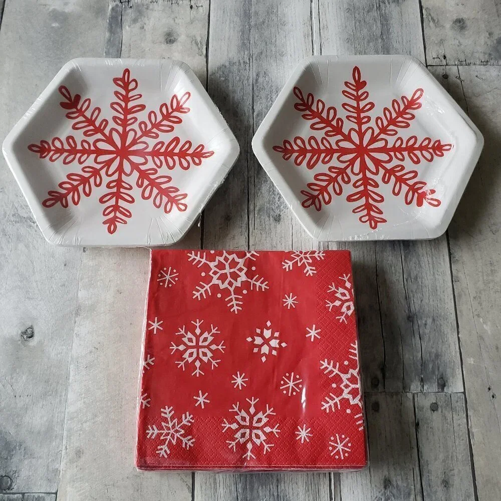 NWT - Red Snowflake Paper Plates and Napkins 20 count ea.